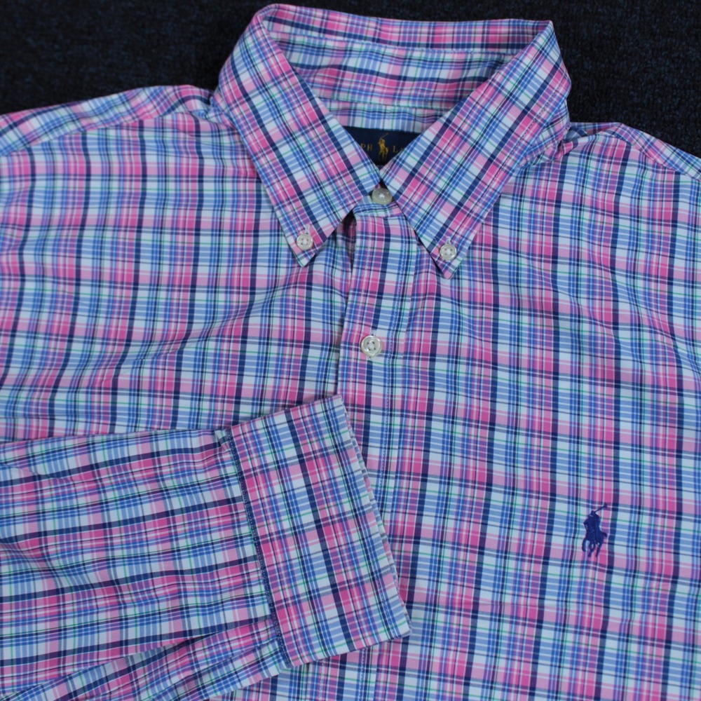Ralph Lauren Performance Shirt XL Slim Fit Pink Blue Plaid Nylon Stretch Preppy